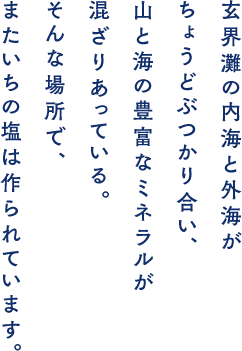 玄界灘の内海と外海がちょうどぶつかり合い、山と海の豊富なミネラルが混ざりあっている。そんな場所で、またいちの塩は作られています。